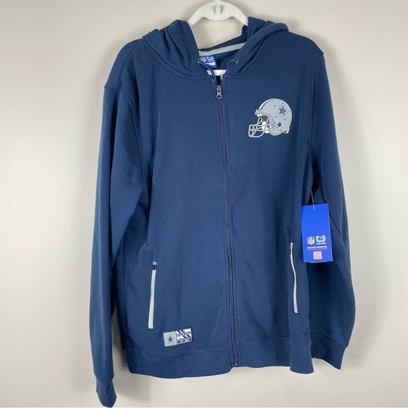 NFL Cowboys Full Zip Sweater Mens Large Navy Blue Pockets Hooded Jacket Football - Picture 2 of 8